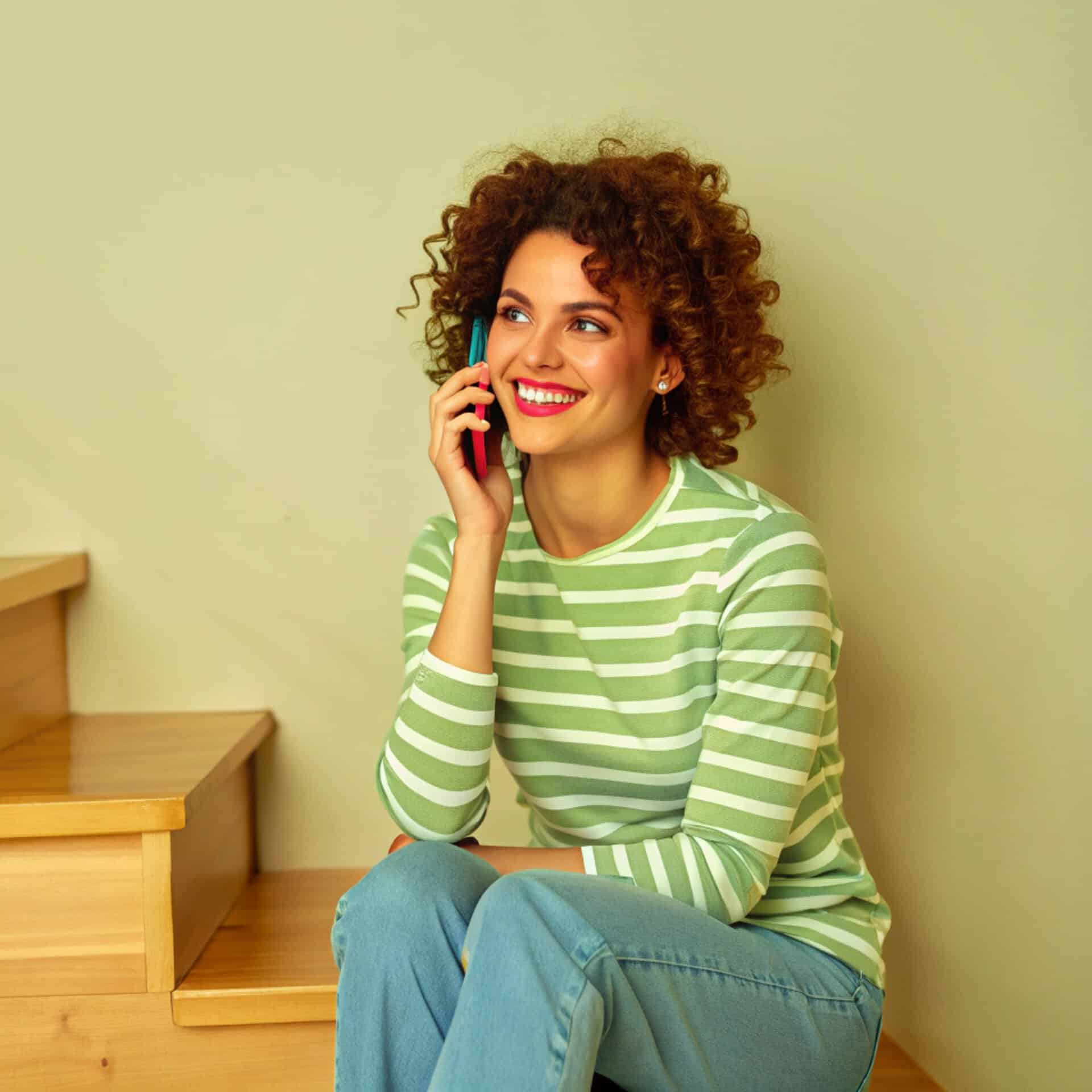 woman sits on steps talking in her cell phone.